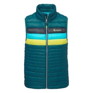 cotopaxi Teal Puffer Vest with Aqua and Lime Stripes